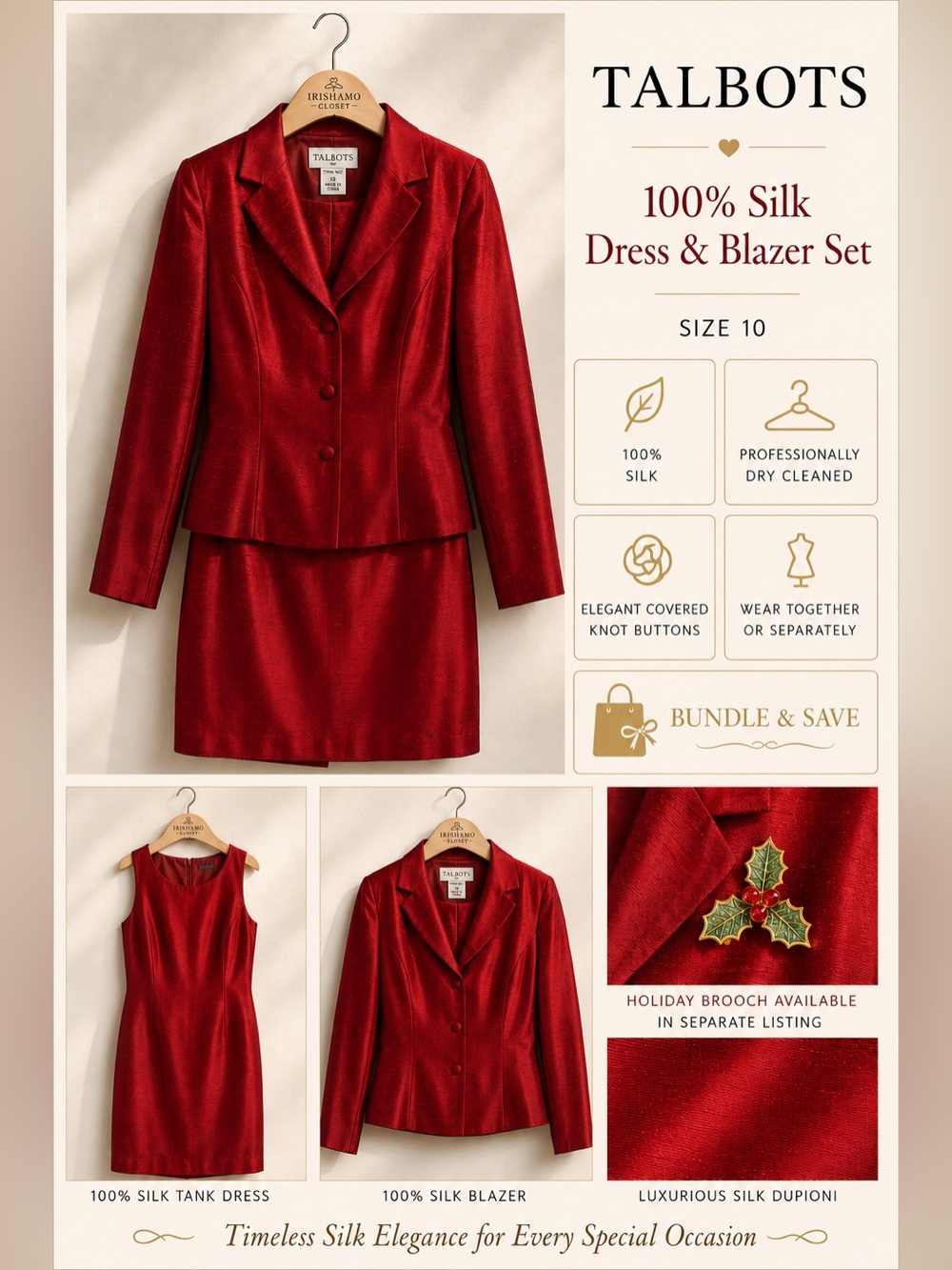 Talbots 100% Dupioni Silk Dress & Blazer Occasion Suit Set | Ruby Red | Sz 10
